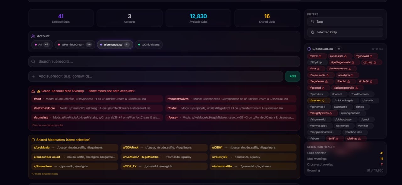 Subreddit Picker with mod overlap warnings and selection health